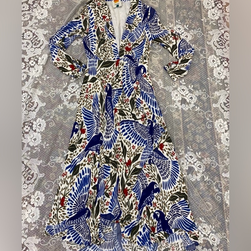 FARM Rio Vibrant Blue and White Bird Print Dress